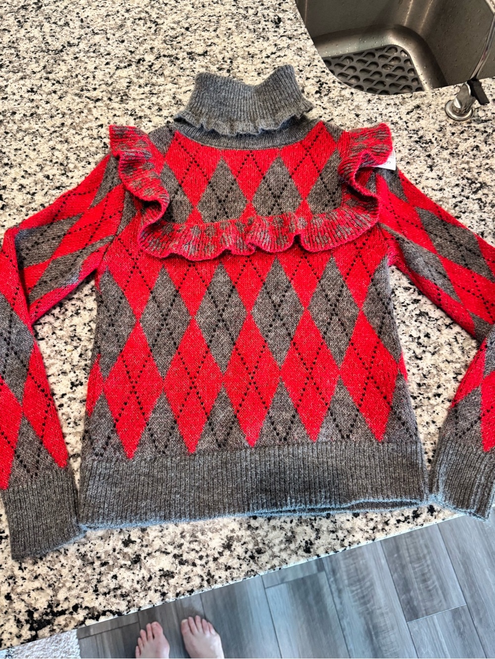 Zara Red & Gray Argyle Ruffle Turtleneck Sweater